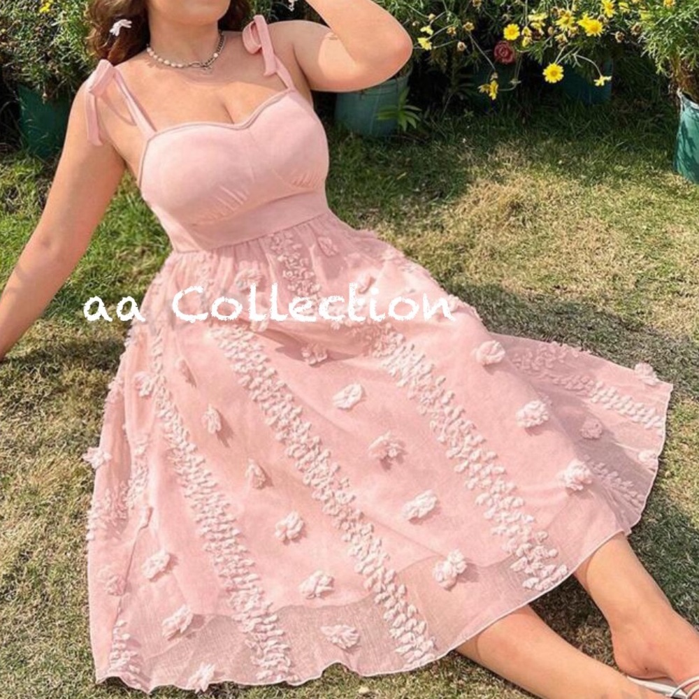 Elegant Plus Size Floral Pom pom Appliques Sweetheart Neck Cami Dress Dusty Pink - Picture 3 of 3